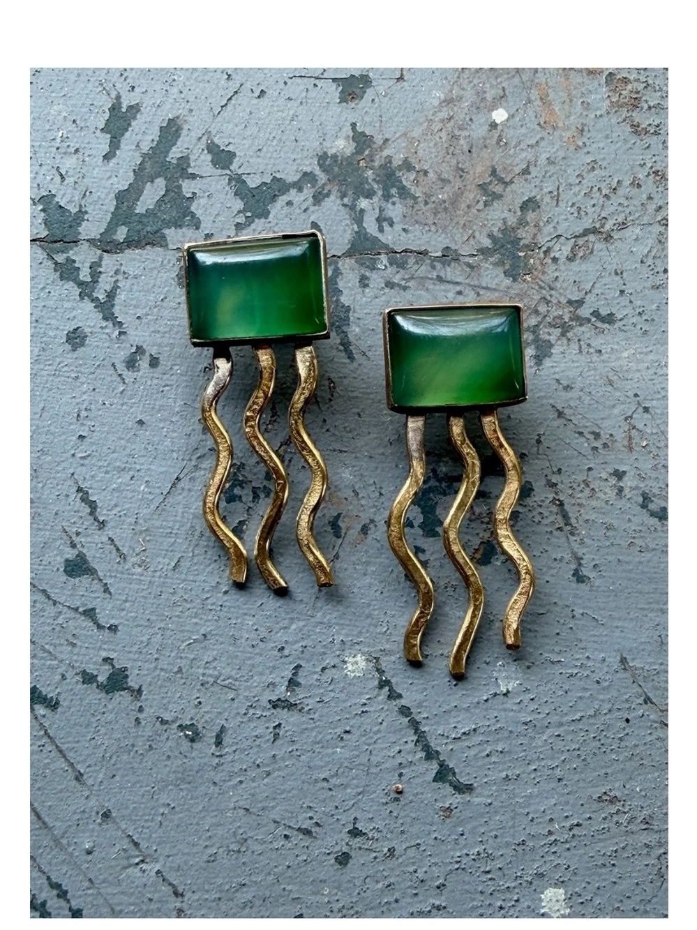 Green Wave Drop Earrings - Women Jewelry Brass & Green Onyx Handmade